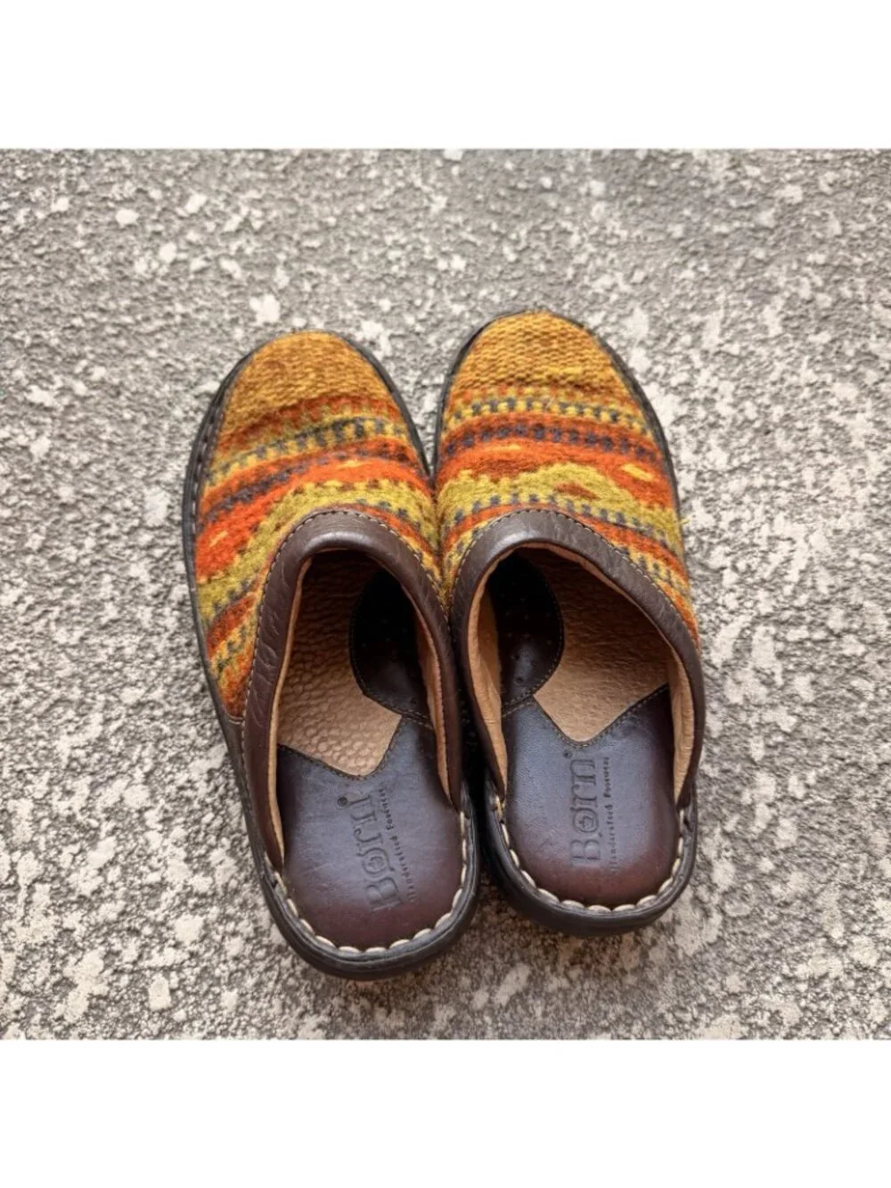 Born Womens Clogs shoes Size 6 Wool Leather Handmade Guc Print Y2K Vintage